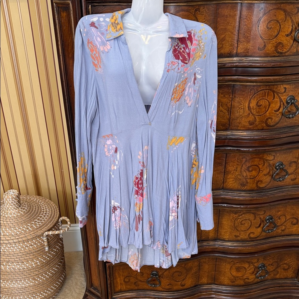 Free People Floral Long Sleeve Top in Light Blue